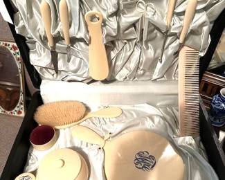Vintage Art Deco French Ivory celluloid vanity dresser set.