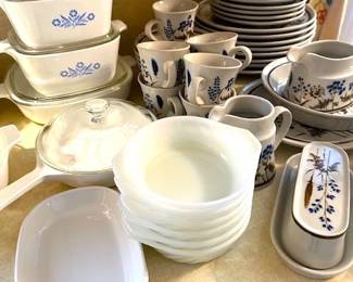 Vintage Corning ware and Anchor Hocking Fire-King milk glass swirl casserole dishes.
