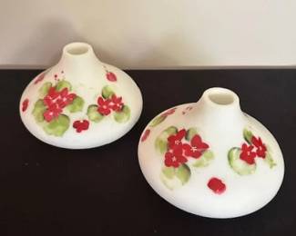 Hand painted milk glass vases.