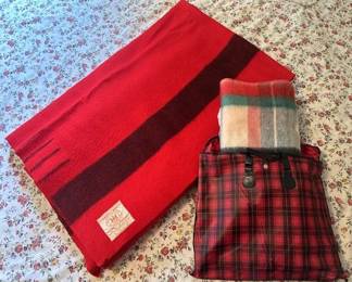 Hudson Bay Point Blanket and vintage plaid stadium blanket.