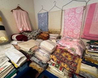 Vintage linens, including woolen blankets, tablecloths, bath towels, sheets, etc.