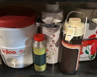 Mid-Century coffee dispensers, thermos and igloo cooler jug.