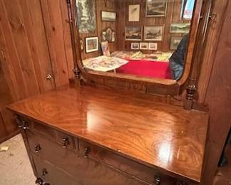Antique Burled Walnut 4-Drawer Dresser with mirror.