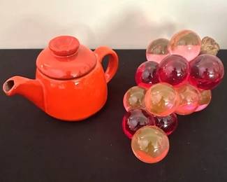 Vintage Mid-Century Modern Frankoma Pottery small tea pot and Lucite Grape Cluster