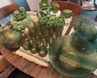 Vintage Anchor Hocking "Milano" or Lido" avocado green glassware sets.