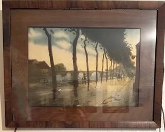 Louis-Etienne Dauphin etching and aquatint titled "Street scene in the rain with river and bridge".