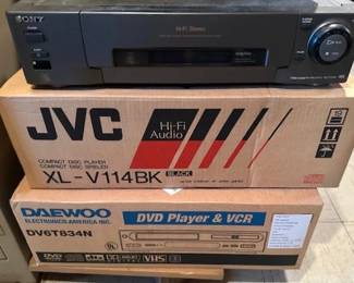 Sony VCR, JVC Compact Disc player, and Daewoo DVD Player/VCR
