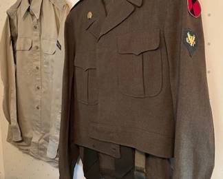 Vintage olive-drab US Army Eisenhower (Ike) jacket, WWII/Korean and Uniform shirt.