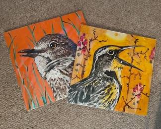 Western Meadowlark and  Brown Thrasher oil on masonite, 11x 11.25, by artist John Newsom