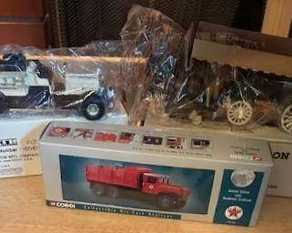 Ertl vintage 1991 die cast Seagrave fire truck bank, Corgi Texaco Pipeline Series die cast M35 cargo truck and Ertl horse-drawn wagon coin bank.