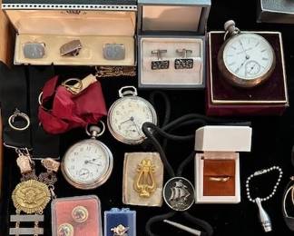 Antique pocket watches by Capitol, Westclox, Hampton,  plus vintage cuff links, pins, etc.