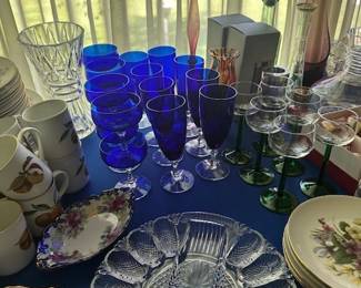 Cobalt blue glassware, glass egg plate.