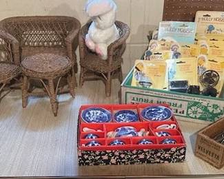 Doll-sized patio wicker set (6" sized doll", miniature tea set and collectable Holly Hobby miniature collectables.