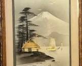 Vintage Japanese Mt. Fugi river Village Landscape
