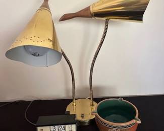 Mid-Century Brass Double Cone Gooseneck Table Lamp