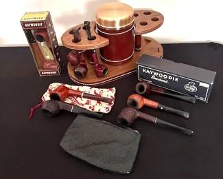 1950s Tobacco humidor and pipe stand - found new in old Marshal Fields Box, and variety of pipes including brands Kaywoodie, Medico.
