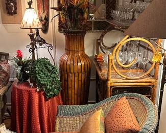 Wicker Chairs, Wicker Bakers Rack, Glass Shade, Black Art