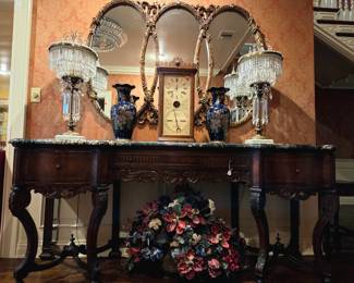 Triple mirror, crystal lamps and granite top statement table