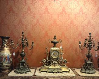 Heavy brass clock and candelabra