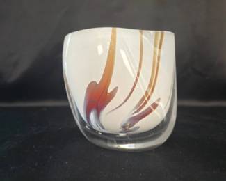 MB Art Glass Vase - Swirled White Red and Gold