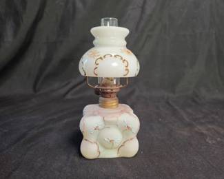 Miniature Milk Glass Oil Lamp - Floral Design
