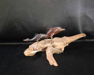 Wooden Dolphin Sculpture on Driftwood Base