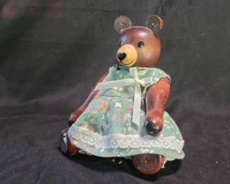 Wooden Bear Figurine - Articulated Green Dress