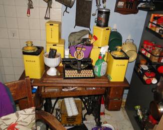 Vintage canisters, typewriter toy