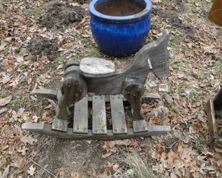 Wood rocking horse, planters
