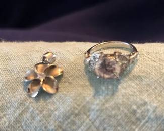 Sterling Silver Diamond And Fake Diamond Ring, And Flower Pendant