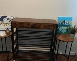 2 Side Tables With A Long Narrow Table With Drawer And Shelves