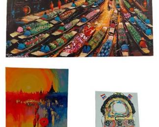 Vibrant Landscape And Figural Art Acrylic On Canvas