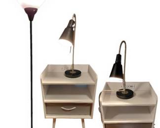 Two White Modern Nightands, Two Lamps And One Free Standing Lamp