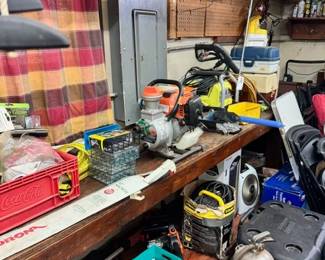 power tools, bird feeders, yard tools