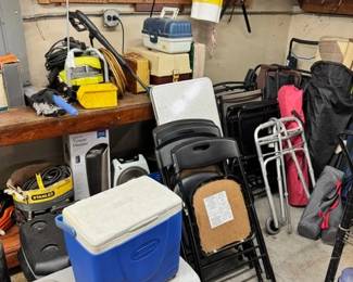 coolers, tackle boxes, fishing items, lawn chairs, camping furniture