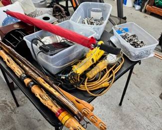 tools, shop lights, walking stick