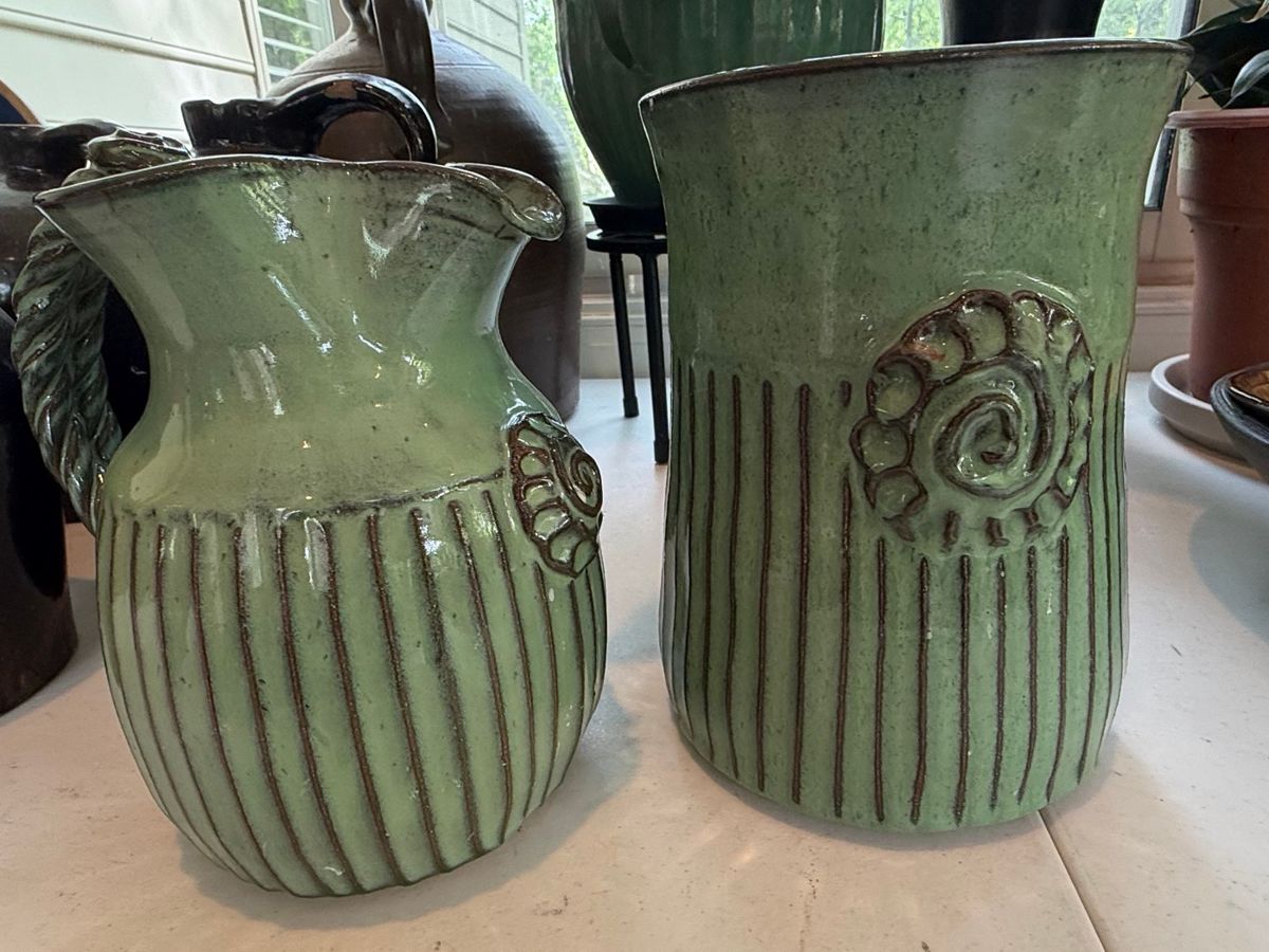 Handmade Ceramic Pitcher and Vase Set with Sage Green Glaze and Spiral Motifs