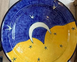 Hand-Painted Ceramic Plate with Moon and Stars Motif