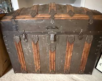 Antique Dome Top Steamer Trunk with Embossed Tin and Wood Slats