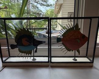 Pair of Metal Fish Sculptures in Display Boxes