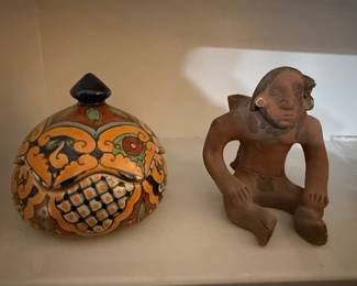 Mexican Folk Art Ceramic Lidded Jar and Terracotta Figurine