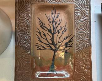 Smith Pottery Decorative Tray with Tree Motif and Concentric Circle Border
