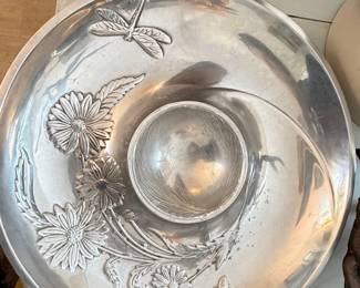 Arthur Court Aluminum Chip and Dip Platter with Dragonfly and Floral Motif