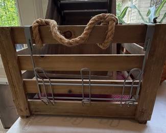 Rustic Wooden Crate with Rope Handle and Metal Racks