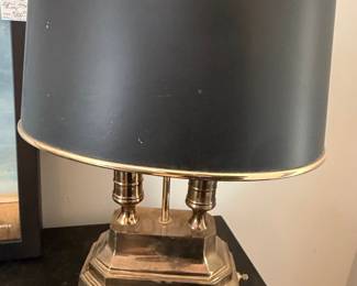 Stiffel Brass Double Socket Candlestick Table Lamp with Black Drum Shade