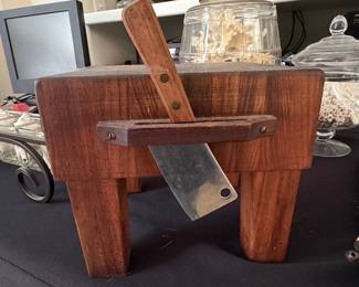 Vintage Wooden Chopping Block with Integrated Knife