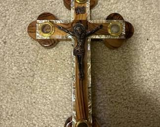 Olive Wood Stations of the Cross Crucifix with Relics and Mother of Pearl Inlay