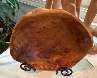 Hand Carved Burl Wood Bowl with Metal Stand