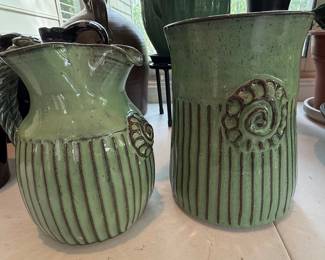 Handmade Ceramic Pitcher and Vase Set with Sage Green Glaze and Spiral Motifs