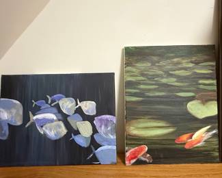 Two Acrylic Paintings: Koi Pond and Abstract Fish